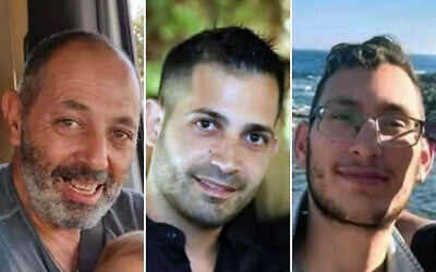 From left, Eitan Levy, Uriel Baruch and Staff Sgt. Tamir Nimrodi, who were held hostage in Gaza and whose bodies were returned by Hamas on October 14, 2025. (Courtesy) From left, Eitan Levy, Uriel Baruch and Staff Sgt. Tamir Nimrodi, who were held hostage in Gaza and whose bodies were returned by Hamas on October 14, 2025. (Courtesy)