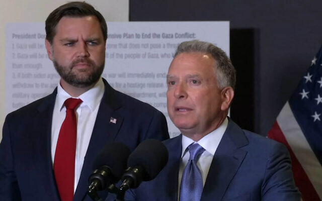 US Special Envoy Steve Witkoff speaks at a press conference in Israel, October 21, 2025. Vice President JD Vance is at left. (Youtube Screenshot) US Special Envoy Steve Witkoff speaks at a press conference in Israel, October 21, 2025. Vice President JD Vance is at left. (Youtube Screenshot)