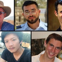 The five deceased hostages whose bodies were still held in Gaza as of November 8, 2025: (Top row from left) Meny Godard, Ran Gvili, Dror Or; (Bottom row) Sudthisak Rinthalak, Hadar Goldin. (Collage by Times of Israel; Photos: Courtesy)
