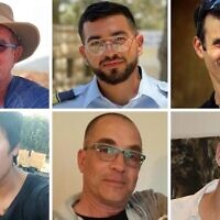 The six deceased hostages whose bodies were still held in Gaza as of November 6, 2025: (Top row from left) Meny Godard, Ran Gvili, Dror Or; (Bottom row) Sudthisak Rinthalak, Lior Rudaeff, Hadar Goldin. (Collage by Times of Israel; Photos: Courtesy)