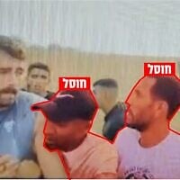 Hamas terrorists Ahmad Ibrahim Rajab Shaar and Ahmad Abu Marhil are seen abducting Avinatan Or from the Nova music festival on October 7, 2023. On October 23, 2025, the IDF announced that the pair had been killed in separate strikes in Gaza in August and March 2025. (Israel Defense Forces)