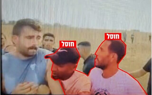 Hamas terrorists Ahmad Ibrahim Rajab Shaar and Ahmad Abu Marhil are seen abducting Avinatan Or from the Nova music festival on October 7, 2023. On October 23, 2025, the IDF announced that the pair had been killed in separate strikes in Gaza in August and March 2025. (Israel Defense Forces)