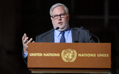 Then-US deputy assistant secretary for Levant affairs and special envoy for Syria Joel Rayburn delivers a statement ahead of a meeting of the Syria constitution-writing committee on October 29, 2019, at the United Nations Offices in Geneva. (Fabrice COFFRINI / AFP)