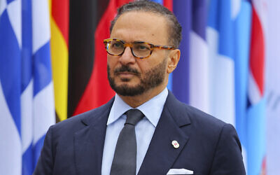 Diplomatic adviser to the United Arab Emirates president Anwar Gargash arrives at the opening ceremony of the summit on peace in Ukraine, at the luxury Burgenstock resort, near Lucerne, on June 15, 2024. (Denis Balibouse / POOL / AFP)