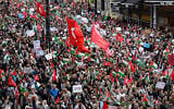 Attendees take part an anti-Israel rally in solidarity with Palestinians and to protest against the interception by the Israeli navy of the Global Sumud Flotilla, in Istanbul, on October 5, 2025. (Yasin AKGUL / AFP)