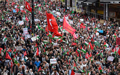 Attendees take part an anti-Israel rally in solidarity with Palestinians and to protest against the interception by the Israeli navy of the Global Sumud Flotilla, in Istanbul, on October 5, 2025. (Yasin AKGUL / AFP)
