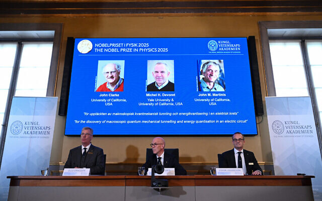 (L-R) Olle Eriksson, chair of the Nobel Committee for Physics, Hans Ellegren, secretary general of The Royal Swedish Academy of Sciences, and Goeran Johansson, member of the Nobel Committe for Physics, address a press conference to announce the winners of the 2025 Nobel Prize in Physics at the Royal Swedish Academy of Sciences in Stockholm, Sweden, on October 7, 2025. (Jonathan Nackstrand / AFP) (L-R) Olle Eriksson, chair of the Nobel Committee for Physics, Hans Ellegren, secretary general of The Royal Swedish Academy of Sciences, and Goeran Johansson, member of the Nobel Committe for Physics, address a press conference to announce the winners of the 2025 Nobel Prize in Physics at the Royal Swedish Academy of Sciences in Stockholm, Sweden, on October 7, 2025. (Jonathan Nackstrand / AFP)