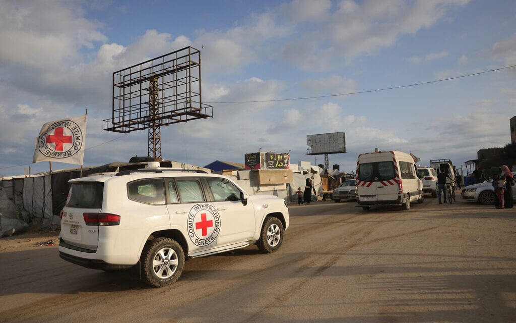 Red Cross vehicles move towards the northern Gaza Strip from Al-Zawayda city, near Deir al-Balah, in central Gaza on October 9, 2025. (Bashar TALEB / AFP)