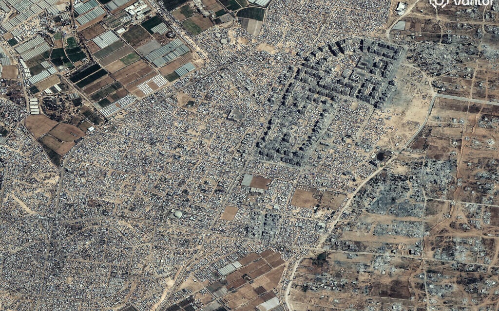 This handout satellite image courtesy of Vantor, shows a view of the destruction in Khan Younis in the southern Gaza Strip on October 10, 2025. (Stephen A. Wood / Satellite image ©2025 Vantor / AFP)