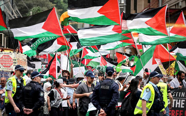 New South Wales police officers watch pro-Palestinian demonstrators hold flags and placards as they march during a rally in Sydney on October 12, 2025. (Photo by DAVID GRAY / AFP)