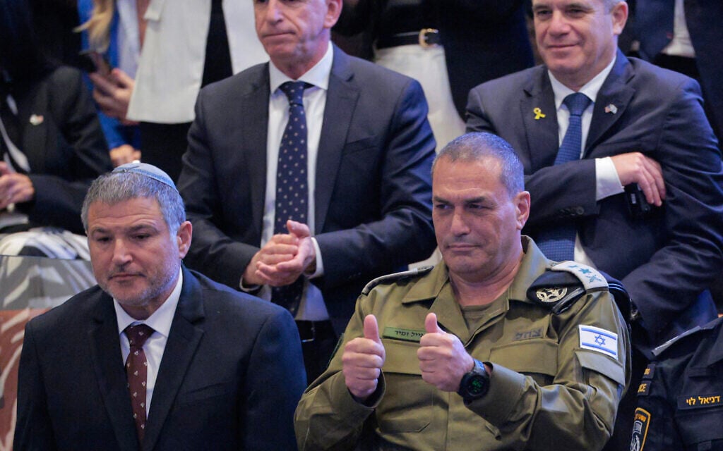 IDF Chief of Staff Eyal Zamir (R) in the Knesset for an address by US President Donald Trump on October 13, 2025. (Chip Somodevilla / POOL / AFP)