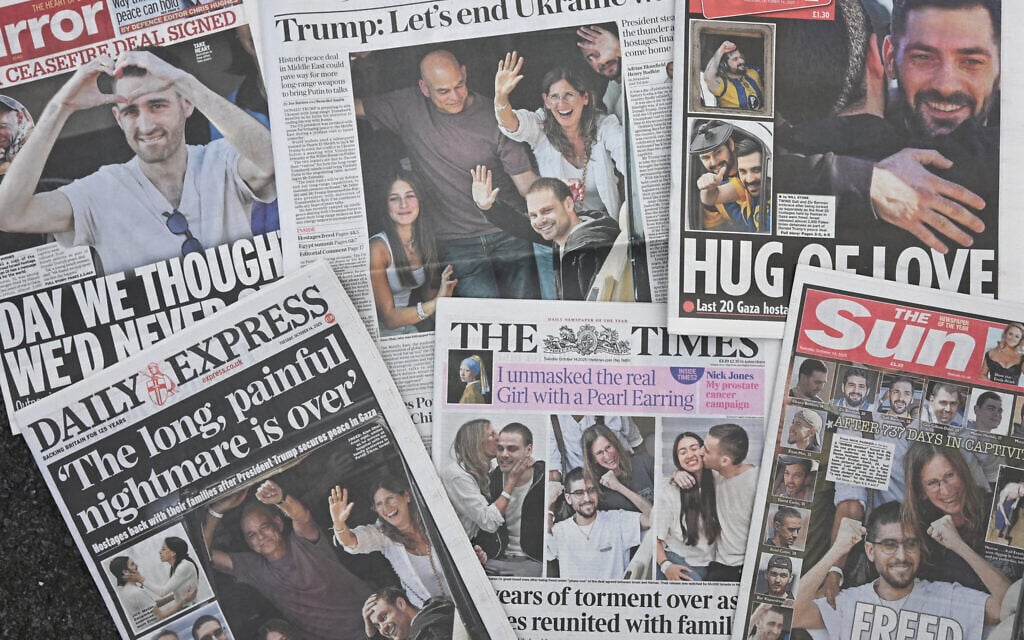 The front pages of some of Britain's national newspapers are pictured in a spread created in London, dominated by stories about the release of the Israeli hostages from Gaza, on October 14, 2025 (Paul ELLIS / AFP)