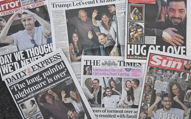 The front pages of some of Britain's national newspapers are pictured in a spread created in London, dominated by stories about the release of the Israeli hostages from Gaza, on October 14, 2025 (Paul ELLIS / AFP)