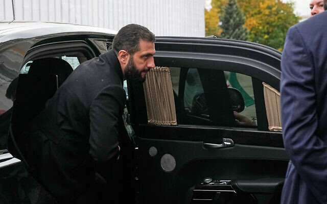 Syrian interim President Ahmed al-Sharaa arrives at the Grand Kremlin Palace for his meeting with Russian President Vladimir Putin in Moscow on October 15, 2025. (Pavel Bednyakov / POOL / AFP)