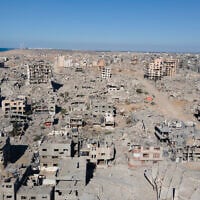 An aerial view shows the Al-Maqussi Towers district, heavily damaged by Israeli bombardment over the past two years, in northwestern Gaza City on October 15, 2025. (Photo by AFP)