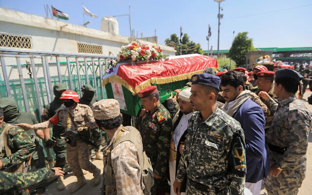 An honor guard carries the coffin of the military chief of Yemen's Houthi rebels, Major General Mohammed al-Ghamari, during a funeral procession for him four days after the group announced al-Ghamari's death in Sanaa, on October 20, 2025. (Mohammed HUWAIS / AFP) An honor guard carries the coffin of the military chief of Yemen's Houthi rebels, Major General Mohammed al-Ghamari, during a funeral procession for him four days after the group announced al-Ghamari's death in Sanaa, on October 20, 2025. (Mohammed HUWAIS / AFP)