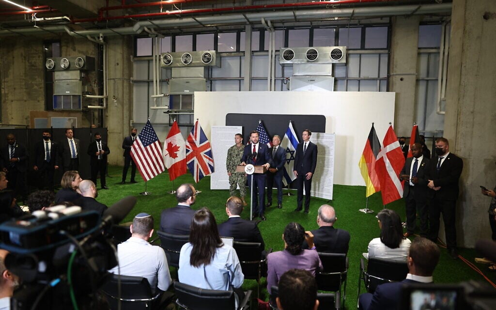 US Vice President JD Vance speaks during a press conference following a military briefing at the Civilian Military Coordination Center in southern Israel on October 21, 2025. (Fadel SENNA / AFP)