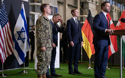 US special envoy Steve Witkof (2nd-L) reacts while Jared Kushner (C) and CENTCOM Commander Adm. Brad Cooper (L) look on as US Vice President JD Vance speaks during a press conference, following a military briefing at the Civil-Military Coordination Center in southern Israel on October 21, 2025. (Nathan Howard/Pool/AFP) US special envoy Steve Witkof (2nd-L) reacts while Jared Kushner (C) and CENTCOM Commander Adm. Brad Cooper (L) look on as US Vice President JD Vance speaks during a press conference, following a military briefing at the Civil-Military Coordination Center in southern Israel on October 21, 2025. (Nathan Howard/Pool/AFP)