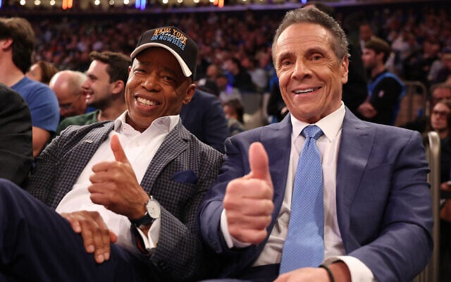 New York Mayor Eric Adams poses with Independent candidate and former governor Andrew Cuomo after the latter participated in the second debate for the upcoming mayoral election, during the game between the New York Knicks and the Cleveland Cavaliers at Madison Square Garden on October 22, 2025, in New York City. (Al Bello/Getty Images/AFP) New York Mayor Eric Adams poses with Independent candidate and former governor Andrew Cuomo after the latter participated in the second debate for the upcoming mayoral election, during the game between the New York Knicks and the Cleveland Cavaliers at Madison Square Garden on October 22, 2025, in New York City. (Al Bello/Getty Images/AFP)