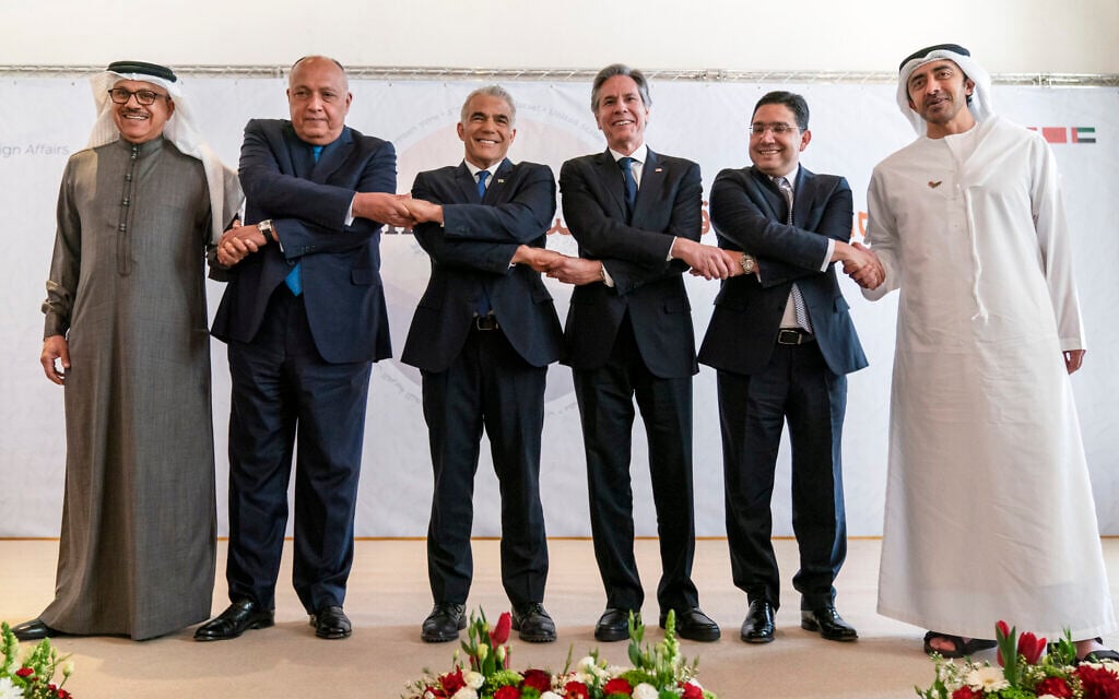 After meeting for the Negev Summit, Bahrain's Foreign Minister Abdullatif bin Rashid al-Zayani, left, Egypt's Foreign Minister Sameh Shoukry, Israel's Foreign Minister Yair Lapid, U.S. Secretary of State Antony Blinken, Morocco's Foreign Minister Nasser Bourita, and United Arab Emirates' Foreign Minister Sheikh Abdullah bin Zayed Al Nahyan, pose for a photograph Monday, March 28, 2022, in Sde Boker, Israel. (AP Photo/Jacquelyn Martin, Pool) After meeting for the Negev Summit, Bahrain's Foreign Minister Abdullatif bin Rashid al-Zayani, left, Egypt's Foreign Minister Sameh Shoukry, Israel's Foreign Minister Yair Lapid, U.S. Secretary of State Antony Blinken, Morocco's Foreign Minister Nasser Bourita, and United Arab Emirates' Foreign Minister Sheikh Abdullah bin Zayed Al Nahyan, pose for a photograph Monday, March 28, 2022, in Sde Boker, Israel. (AP Photo/Jacquelyn Martin, Pool)