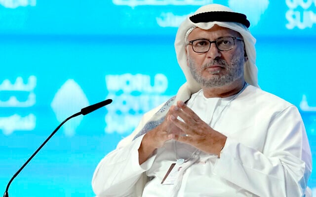 Emirati Minister of State for Foreign Affairs Anwar Gargash attends the World Government Summit at the Dubai Expo 2020, in Dubai, United Arab Emirates,  March 29, 2022 (AP Photo/Ebrahim Noroozi)