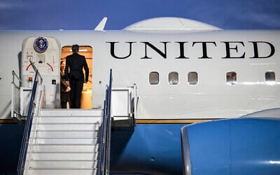 US Secretary of State Antony Blinken boards his aircraft before his departure from King Hussein International Airport in Jordan's southern Red Sea coastal city of Aqaba, Jordan, Thursday, Dec. 12, 2024. (Andrew Caballero-Reynolds/Pool via AP)