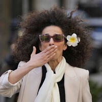 Masih Alinejad blows a kiss to supporters outside the federal courthouse after testifying at the trial of her would-be assassins in New York, March 18, 2025. (AP Photo/Seth Wenig)