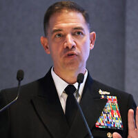 Then-US Navy Vice Adm. Brad Cooper speaks at an event at the International Defense Exhibition and Conference in Abu Dhabi, United Arab Emirates, February 21, 2023. (AP/Jon Gambrell, File)