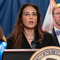 Assistant Attorney General for Civil Rights Harmeet Dhillon speaks during a news conference on charges related to the deadly shooting of Israeli Embassy staff during a news conference at the Attorney General's office for the District of Columbia in Washington, August 7, 2025. (AP Photo/Jose Luis Magana)