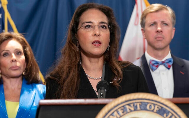 US Assistant Attorney General for Civil Rights Harmeet Dhillon speaks during a news conference on charges related to the deadly shooting of Israeli Embassy staff during a news conference at the Attorney General's office for the District of Columbia in Washington, August 7, 2025. (AP Photo/Jose Luis Magana) US Assistant Attorney General for Civil Rights Harmeet Dhillon speaks during a news conference on charges related to the deadly shooting of Israeli Embassy staff during a news conference at the Attorney General's office for the District of Columbia in Washington, August 7, 2025. (AP Photo/Jose Luis Magana)