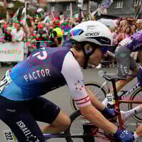 Pier-Andre Cote from the Israel Premier Tech team rides during the eleventh stage of the Spanish Vuelta cycling race, from Bilbao to Bilbao, Spain, September 3, 2025. (AP/Miguel Oses)