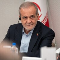 Iranian President Masoud Pezeshkian takes questions from the media at a press briefing in New York, September 26, 2025. (AP Photo/Angelina Katsanis)