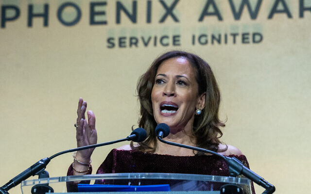 Former US vice president Kamala Harris speaks after receiving the Congressional Black Caucus Foundation Phoenix Award in Washington, September 27, 2025. (AP Photo/Cliff Owen)