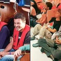 This combination of images released by the Foreign Ministry shows Greta Thunberg, second from right, with other anti-Israel activists after the Israeli navy intercepted the Global Sumud Flotilla that sought to break the Israeli naval blockade on Gaza, Oct. 1, 2025. (Israeli Foreign Ministry via AP)