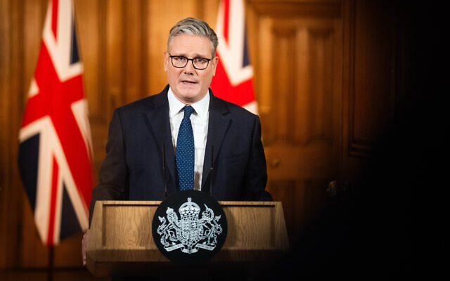 British Prime Minister Keir Starmer speaks at 10 Downing Street, London, following the terror attack at Heaton Park Hebrew Congregation synagogue in Crumpsall, Manchester,  Oct. 2, 2025. (James Manning, Pool Photo via AP)