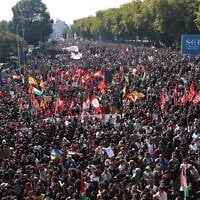 Demonstrators gather for an anti-Israel, pro-Palestinian protest in Bologna, Italy, Oct. 3, 2025. (Guido Calamosca/LaPresse via AP)