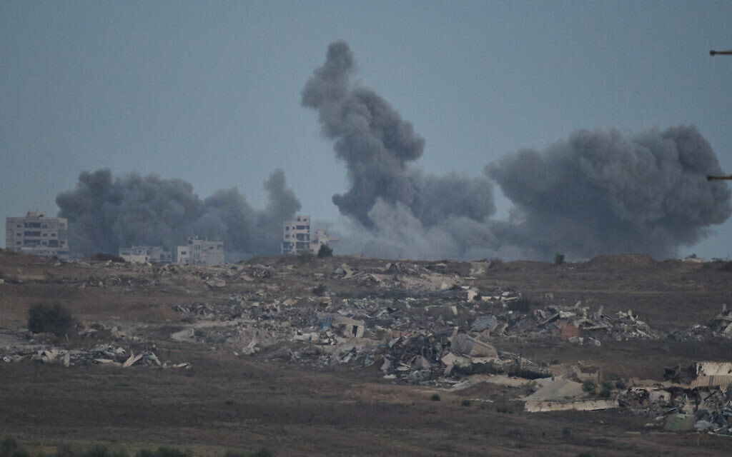 Smoke rises to the sky following an Israeli military strike in the northern Gaza Strip, as seen from southern Israel, Monday, Oct. 6, 2025. (AP/Leo Correa)