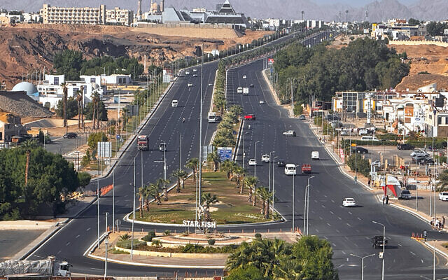 Vehicles drive on the main road in Sharm el-Sheikh, Egypt, on October 6, 2025. (AP/Ahmed Hassan) Vehicles drive on the main road in Sharm el-Sheikh, Egypt, on October 6, 2025. (AP/Ahmed Hassan)