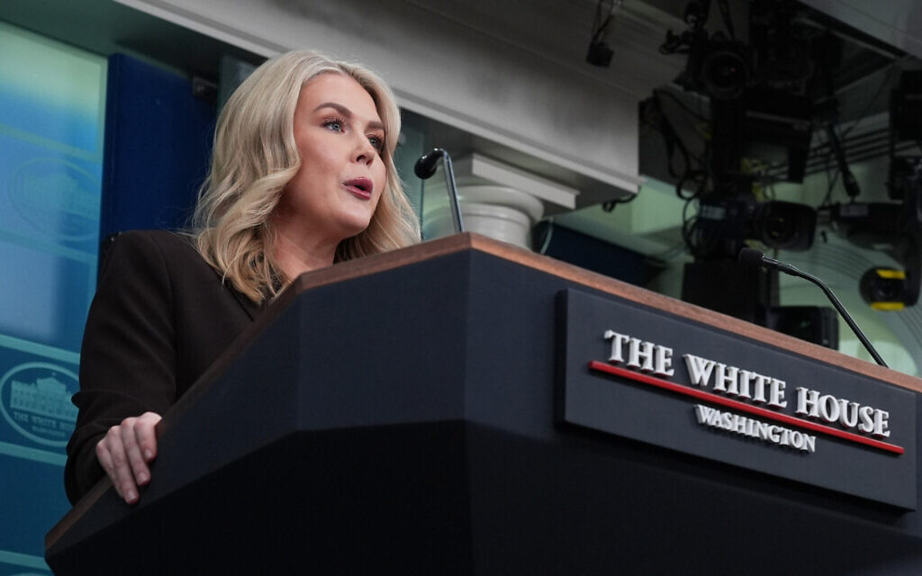 White House press secretary Karoline Leavitt speaks to reporters in the James Brady Press Briefing Room at the White House, October 6, 2025, in Washington. (AP Photo/Jacquelyn Martin)