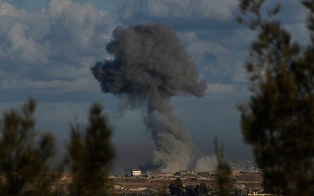 Smoke rises following an Israeli army strikein the Gaza Strip, as seen from Kibbutz Kfar Aza, southern Israel, Oct. 7, 2025. (AP Photo/Ohad Zwigenberg)