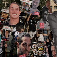 Relatives and supporters of Israeli hostages held by Hamas in the Gaza Strip hold posters with portraits of their loved ones during a protest demanding their immediate release and calling for a ceasefire, in Jerusalem, Oct. 7, 2025, on the second anniversary of Hamas' cross-border attack on Israel on Oct. 7, 2023, which sparked the ongoing war in Gaza. (AP Photo/Leo Correa)