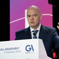 FIFA President Gianni Infantino speaks during the 32nd European Football Clubs General Assembly in Rome, Italy, October 9, 2025. (Fabrizio Corradetti/LaPresse via AP)