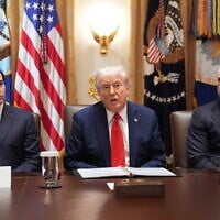 US President Donald Trump speaks during a cabinet meeting at the White House,  October 9, 2025, in Washington, DC, as Secretary of State Marco Rubio, left, and Defense Secretary Pete Hegseth, right, look on. (AP/Evan Vucci)
