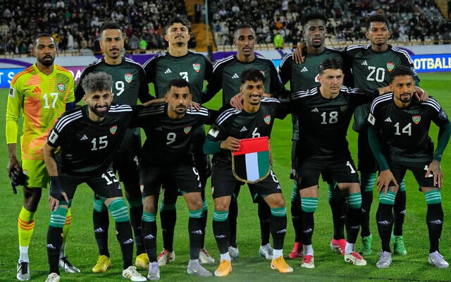 The United Arab Emirates starting 11 pose for a team photo prior to the World Cup group A qualifying soccer match against Iran in Tehran, Iran, March 20, 2025. (AP Photo/Vahid Salemi, File)