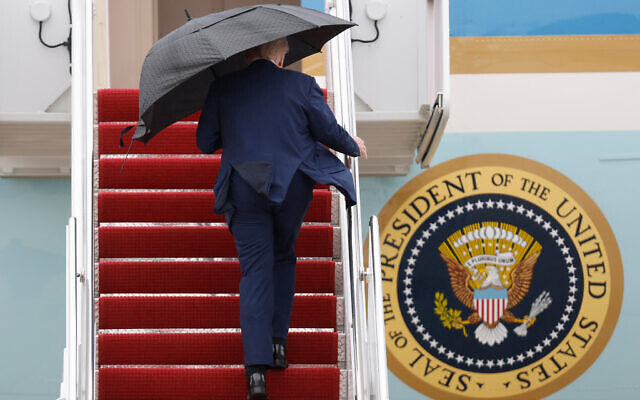 President Donald Trump walks up the stairs of Air Force One as he boards upon his arrival at Joint Base Andrews, Md., Sunday, Oct. 12, 2025. (AP/Luis M. Alvarez)