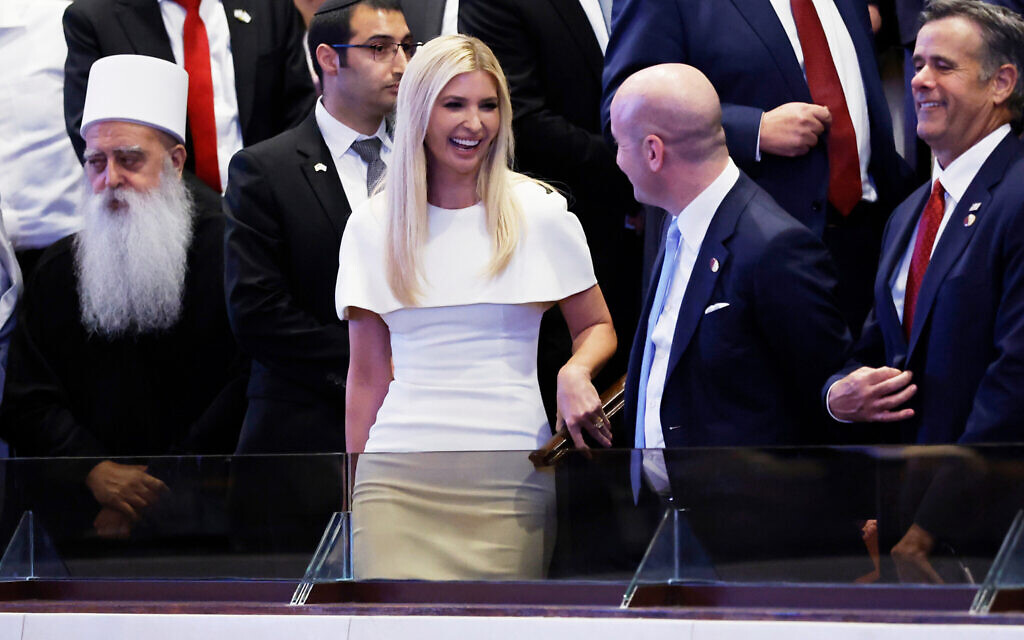 Ivanka Trump arrives and is greeted by White House Deputy Chief of Staff Stephen Miller and John Ratcliffe, director of the CIA, right, at the Knesset, Oct. 13, 2025, in Jerusalem, before US President Donald Trump arrives to speak. (Chip Somodevilla/Pool via AP)