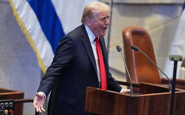 US President Donald Trump speaks to the Knesset, October 13, 2025, in Jerusalem. (AP Photo/Evan Vucci, Pool)
