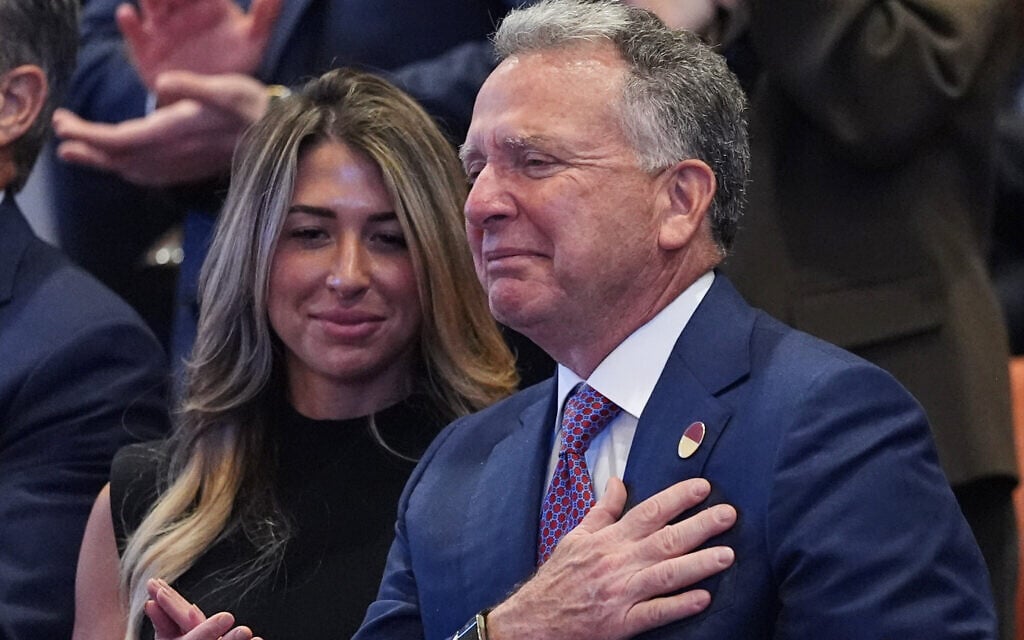 White House Special Envoy to the Middle East Steve Witkoff is recognized by President Donald Trump during his speech to the Knesset, Israel's parliament, Monday, October 13, 2025, in Jerusalem, as Lauren Rappoport watches. (AP Photo/Evan Vucci, Pool)