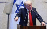 US President Donald Trump addresses the Knesset, October 13, 2025. (Evelyn Hockstein/Pool via AP)