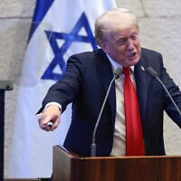 US President Donald Trump addresses the Knesset, Oct. 13, 2025. (Evelyn Hockstein/Pool via AP)